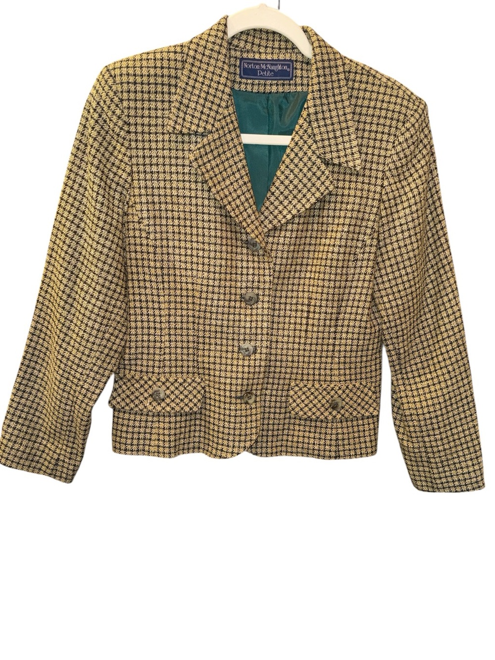 Vintage Norton McNaughton Petite Women's Houndstooth Blazer in Tan/Dark Green